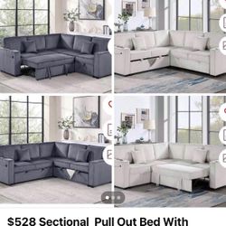 $528 Sectional  Pull Out Bed With Storage USB Cup Holder Available,I Ivory,Dark Gray,Corduroy