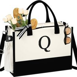 Canvas Beach Tote Bag - Monogrammed, Letter Q