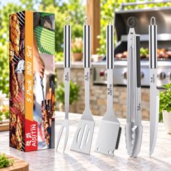 5-Piece Stainless Steel BBQ Grill Tool Set – Camping & Backyard