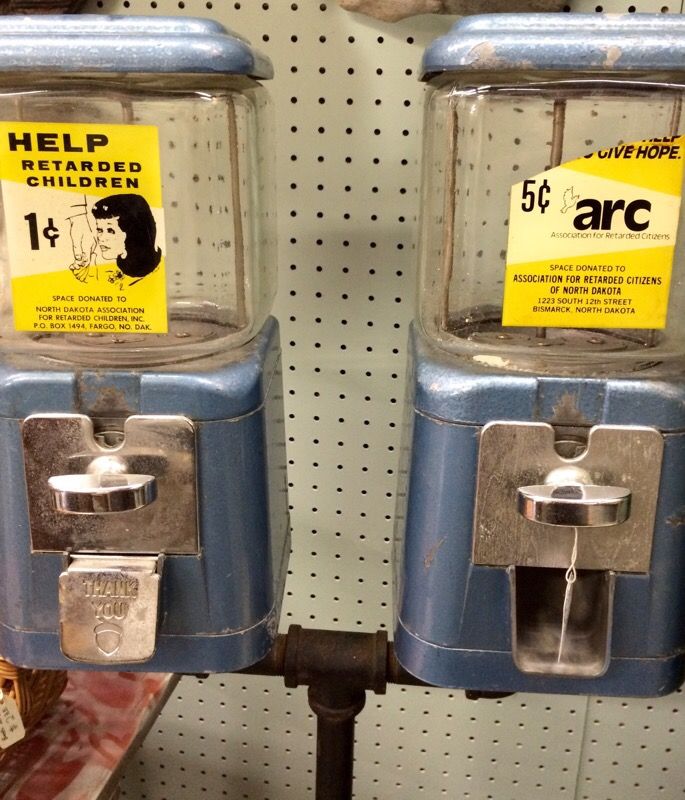 Twin Glass Candy Machine Embossed "Retarded Children Can Be Helped"