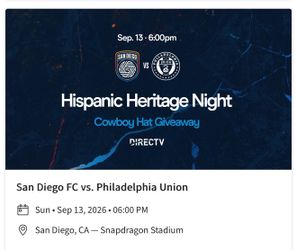 San Diego FC vs Philadelphia Union- September 13- Cowboy Hat Giveaway