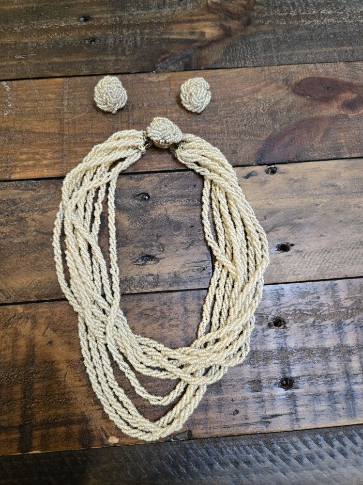 Vintage 1960s Multi Strand Beaded 19" Necklace and 1" Clip Earring Set, Japan