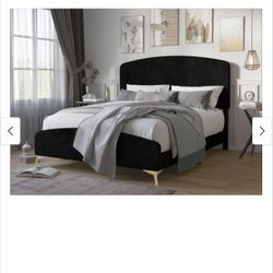 King Black Upholstered Panel Bed