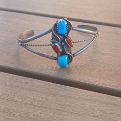 Sterling Silver Turquoise & Coral Cuff Bracelet 
