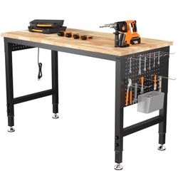 48" Adjustable Heavy Duty Workbench, 2000 lbs Load Work Table with Pegboard, Power Outlets, Work Bench for Garage, Office, Home