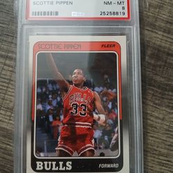 1988 Fleer Scottie Pippen Rookie basketball card, graded PSA NM-MT 8. 