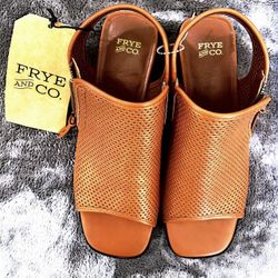 FRYE AND CO. Brown Leather Perforated Slingback Block Heel Sandals with Zipper