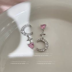 "Korean K-style Pink Bow Zircon Heart Earrings – Chic Silver Studs"