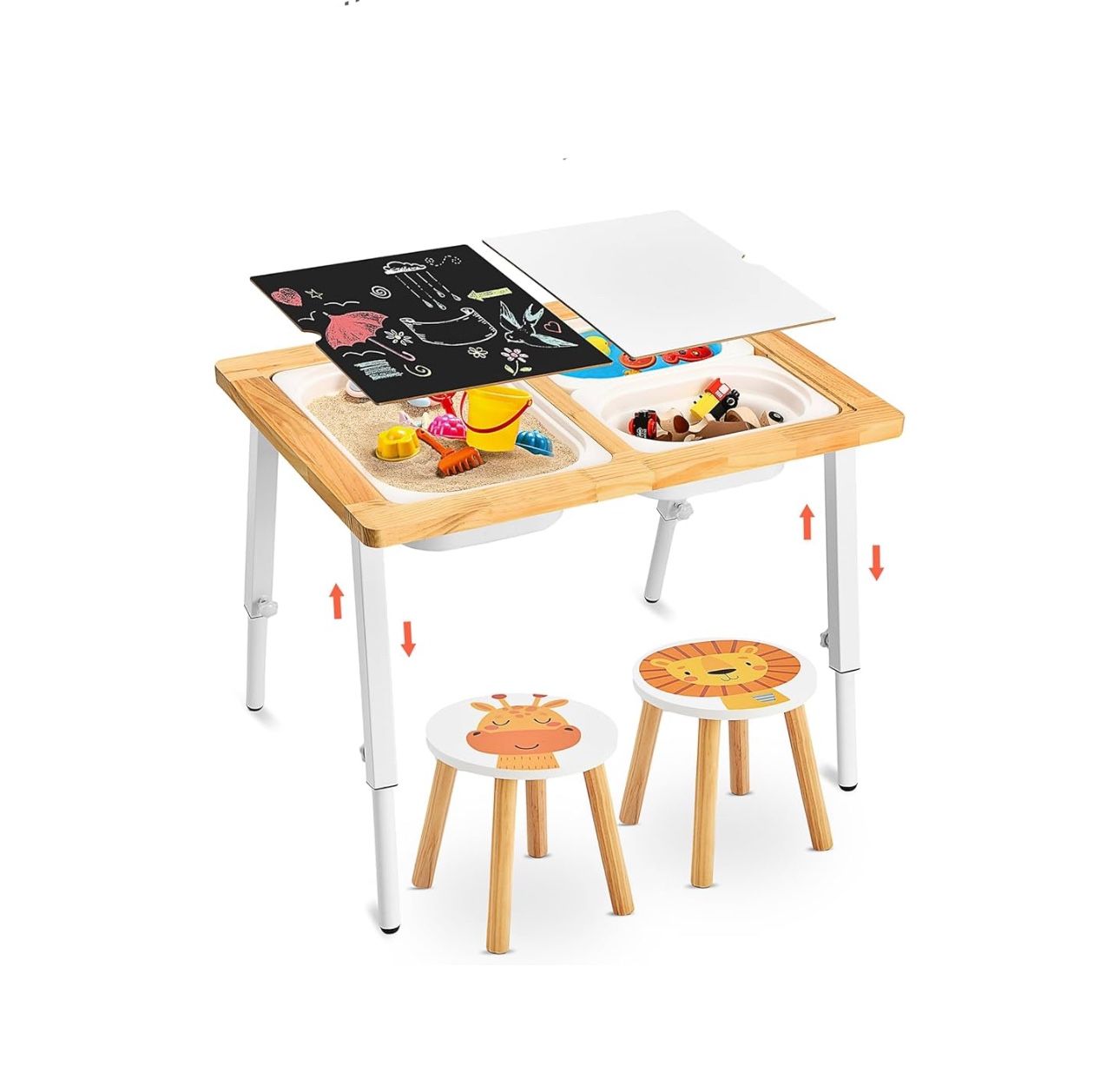 SAUCE ZHAN Sensory Table and Stools for Toddlers 1-5 Adjustable Height, Kids Table with 3 Storage Bins & Writable Lids, 2 Lion Giraffe Stickers