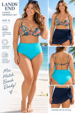 Lands' End Size 10 3 Piece Bikini Swimsuit Floral Top Bottoms Swim