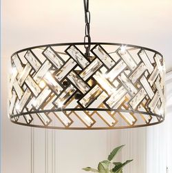 New 16” Drum Chandelier Black Crystal 3-Light Pendant,Metal & Crystal Adjustable Height Dimmable