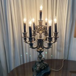Vintage 7 Light Brass and Marble Candelabrum Table Lamp  