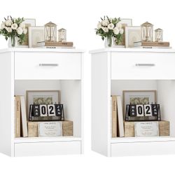 Set of 2, 2 Tier Nightstand with Drawer and Storage Shelf, Bedside Table End Table, Modern Night Stand for Bedroom, Home Office,White