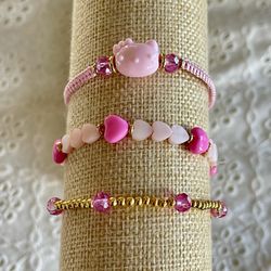 HELLO KITTY HEAD PINK CRYSTAL GOLD BRACELET CROCHET HEART WRIST STACK OF 3