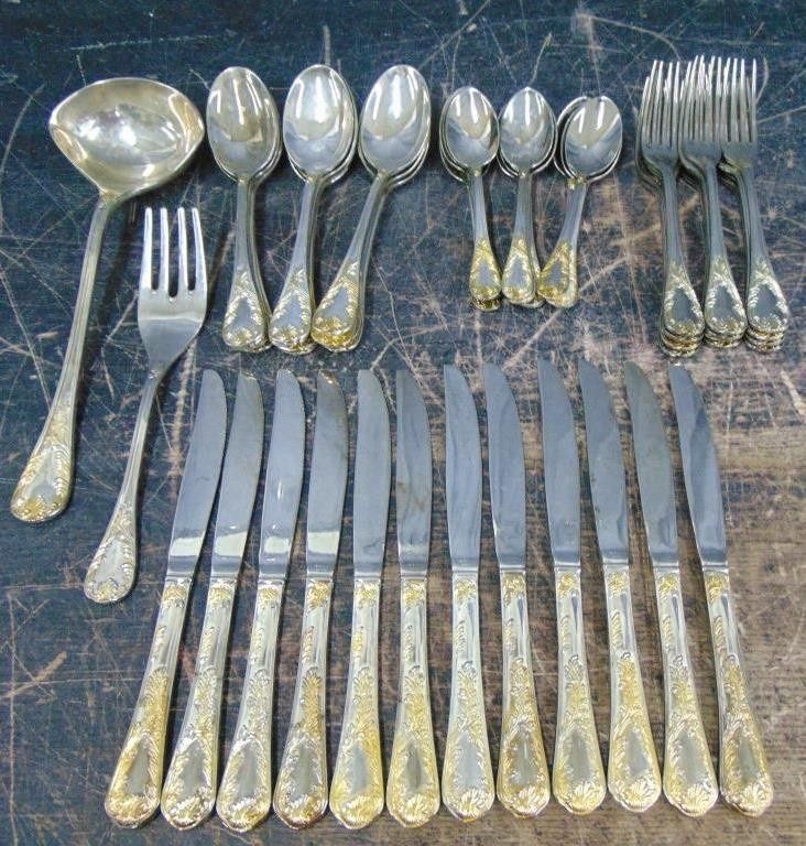 Vintage Gold electroplate accent silver F B Rogers Grand Baroque flat wear service for 12