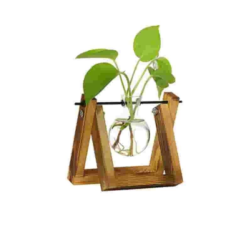 Wooden Flower Stand Glass Planter Wooden Shelf Desktop Hydroponics Plants Vase