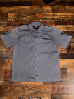 vintage grey Harley-Davidson short sleeve button-up mechanic shirt / work shirt.