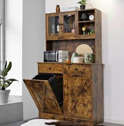 Dual Tilt Out Trash&Storage Cabinet W/Pet Proof 2X10 Gal Kitchen Sideboard Cupboard, Hidden Garbage Holder, Freestand Laundry Sort Cabinet, W/Drawer, 