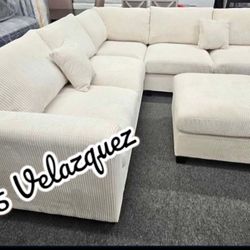 ✅️✅️4 pc ivory cordury fabric upholstered sectional sofa with ottoman✅️✅️