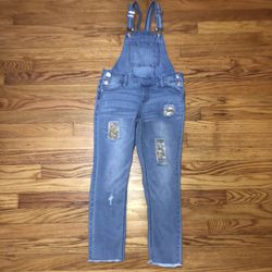 Justice kids size 10 denim jean destroyed sequins overalls