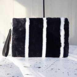 Women's Black and White Striped Faux Fur Zipped Pouch