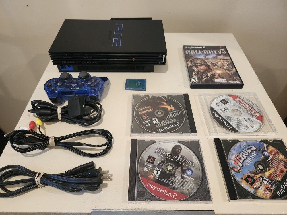 Playstation 2 Setup W/ 5 Games And Transparent Blue Controller