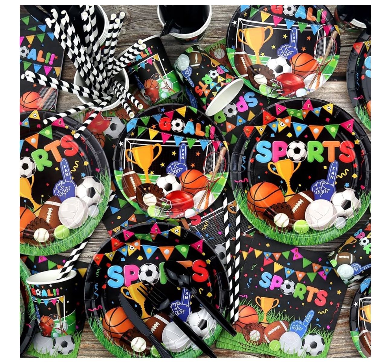 Sports Theme Party Supplies - Sports Birthday Party Decorations, Including Plates, Cups, Napkins, Tablecloth, Straws - Soccer Basketball Baseball Foot