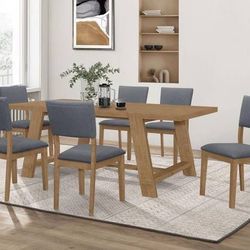 New Modern Mid-Century Modern Dining Set Wood with Wire Brushed Finish Blue Padded Chair