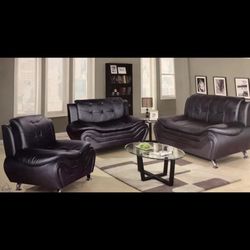 Black Leather Three Piece Modern Style Couch Set 