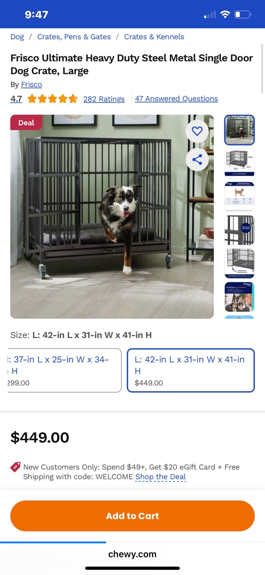 Large Dog Crate With Double Door Collapsible / Has Wheels