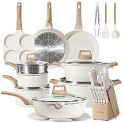 Nonstick Granite Induction Pots Pans Cookware Set with Kitchen Knife Set Cream White
