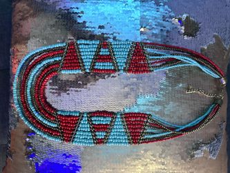 Red Orange, Baby Blue and Gold Beaded Layered Necklace 