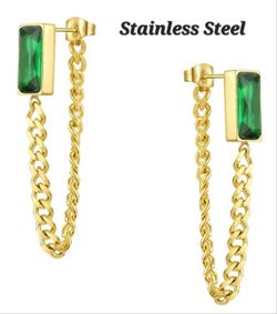 High-Quality Stainless Steel Fashion Dangling Earrings Inlaid Green Crystal Cuban Link Design Push-Back 