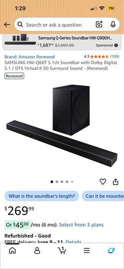 SAMSUNG HW-Q60T 5.1ch Soundbar with Dolby Digital 5.1 / DTS Virtual:X 3D Surround Sound