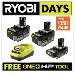 RYOBI ONE+ 18V Lithium-Ion HIGH PERFORMANCE Starter Kit with 2.0 Ah Battery, (2) 4.0 Ah Batteries, and Charger