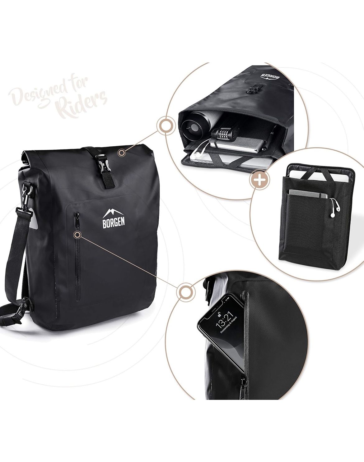 Borgen ISac 3-in-1 Bicycle Backpack Bag with Shoulder Strap – 100% Waterproof, Reflective with Laptop Bag