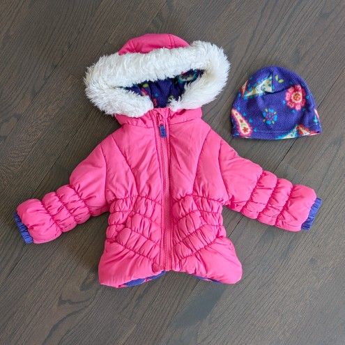 Weathertamer Toddler Girls Winter Puffer Jacket with Beanie - Pink/Purple, 18M