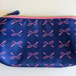 Clutch  Cosmetic Makeup Bag Navy Blue Pink Ribbons Pattern Zippered Closure