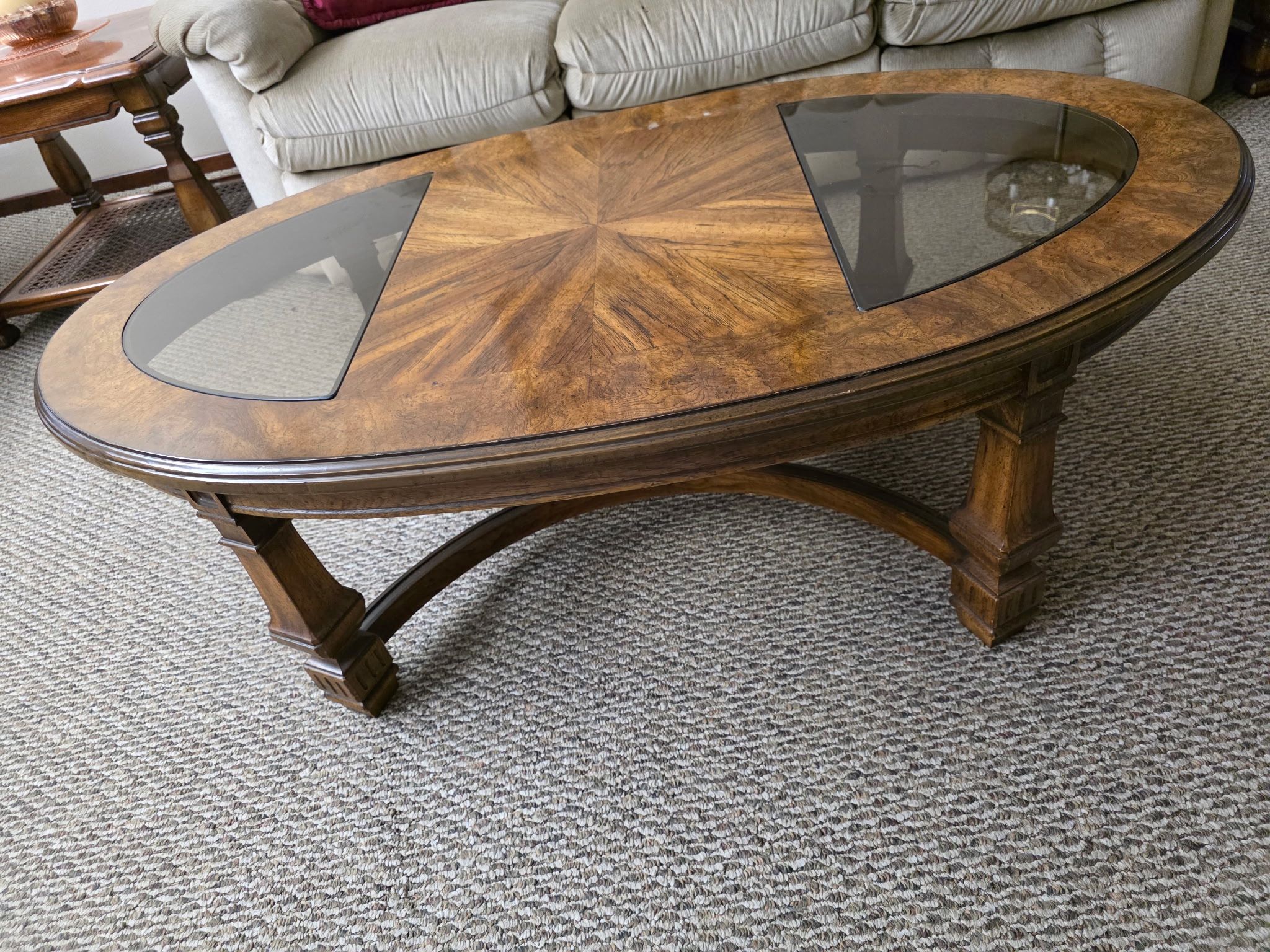Elegant Sunburst Coffee Table & End Table – Wood & Smoked Glass