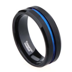 Black Tungsten Thin Blue Line Wedding Band Ring