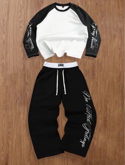 Black and White Script Print Tracksuit Set