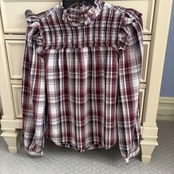 Loft Lightweight Maroon And White Smocked Plaid Top