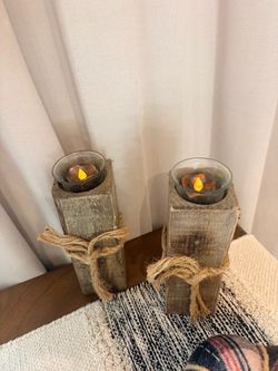 Rustic Wood Candle Holders with Flameless Candles – Set of 2