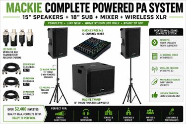 Mackie Complete Powered PA System – 15” Speakers + 18” Sub + Mixer – Like New