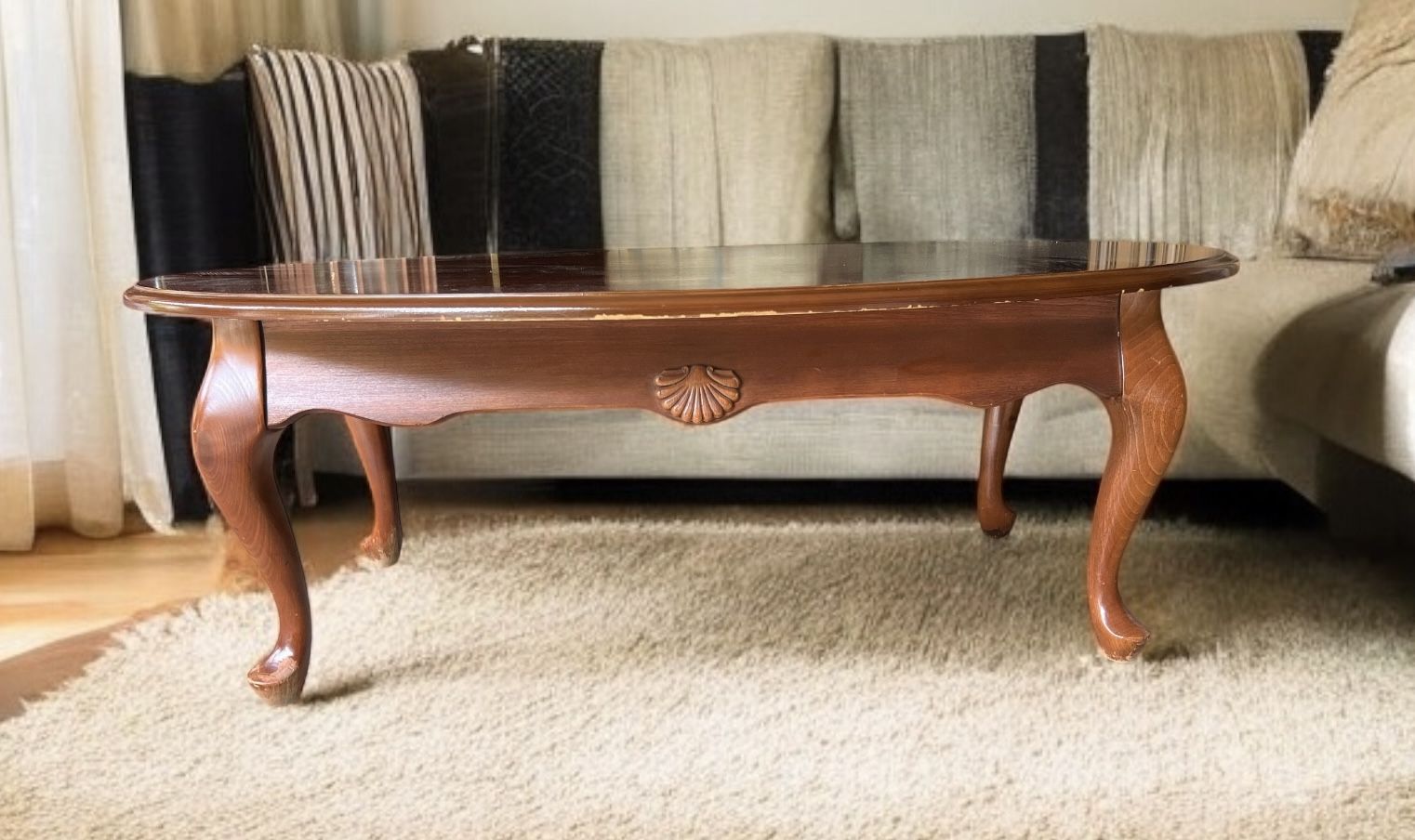 Vintage solid wood Queen Anne oval coffee table