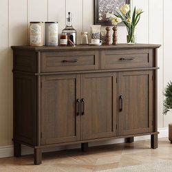 48 Inch Buffet Cabinet with Storage, Brown Farmhouse Sideboard Buffet w/2 Drawers and 3 Doors, Wood Coffee Bar Cabinet with Adjustable Shelves for Kit