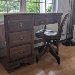 Bassett solid maple wood desk with antique 1930s swivel chair