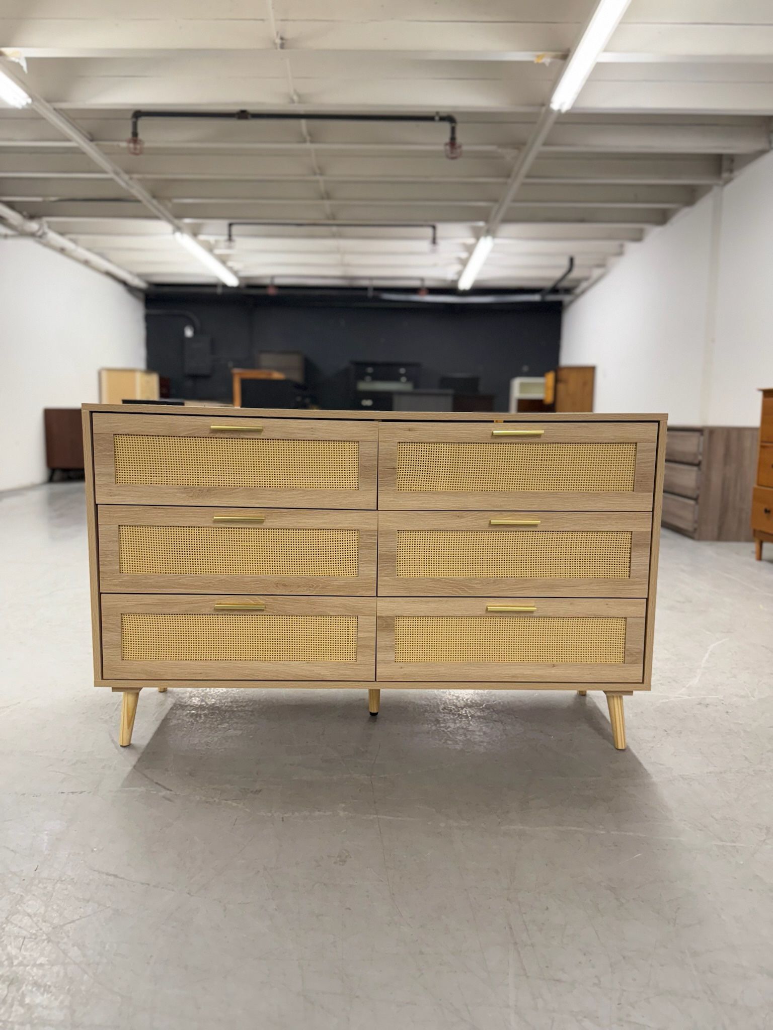 Light Wood Rattan 6 Drawer Dresser