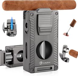 Torch Lighter, All-in-1 Lighter Built-in Holder Punch Draw Enhancer Cutter V Cut, Double Jet Flame Refillable Butane Lighters for smoking, gift for