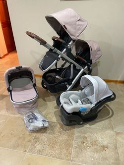 Pink Uppababy Vista V2 Double Stroller With Car Seat And Bassinet